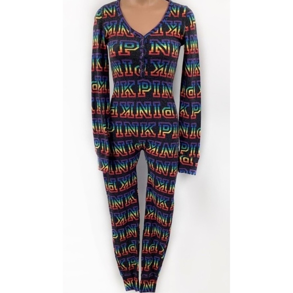 Victoria's Secret PINK Rainbow Logo Long Sleeve Thermal Pajama Onepiece Medium